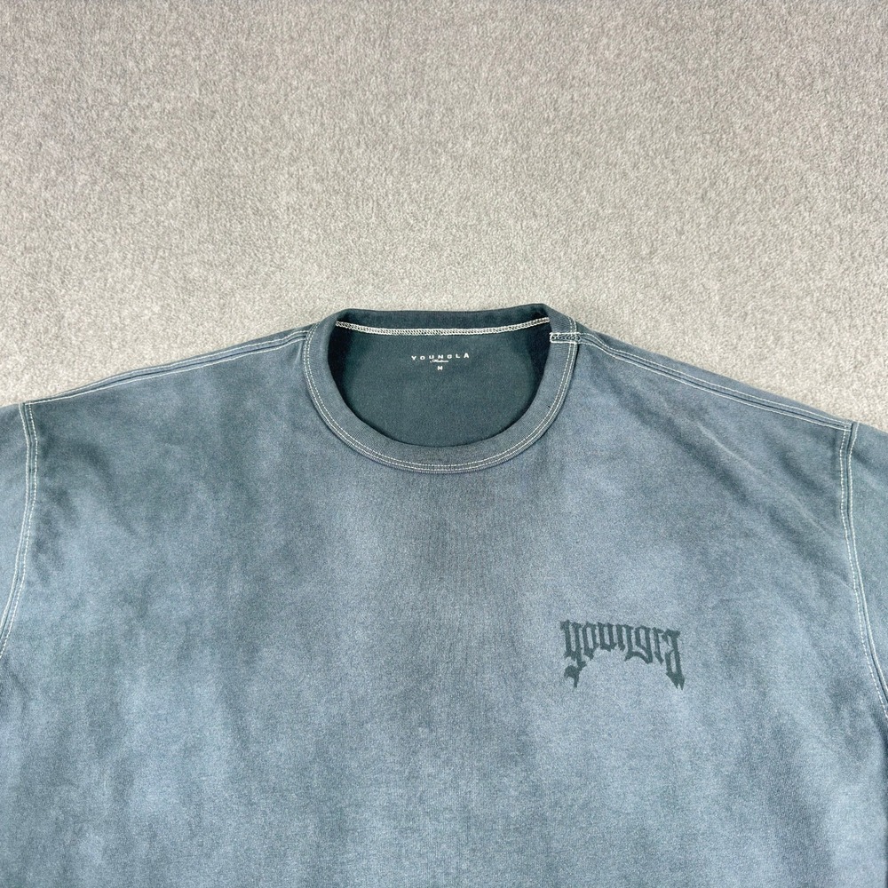 YoungLA Drip Logo Tee Acid Wash Oversized T-Shirt Men's Medium Blue Cotton Crew